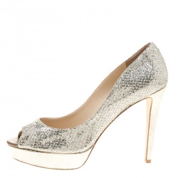 Pre Owned Jimmy Choo Silver Glitter Fabric Luna Peep Toe Platform Pumps Size 38