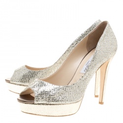 Pre Owned Jimmy Choo Silver Glitter Fabric Luna Peep Toe Platform Pumps Size 38