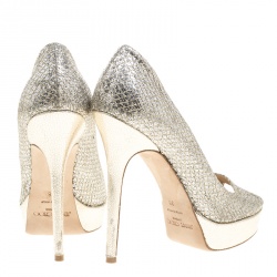 Pre Owned Jimmy Choo Silver Glitter Fabric Luna Peep Toe Platform Pumps Size 38
