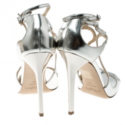 Pre Owned Jimmy Choo Metallic Silver Mirror Leather Lance Strappy Sandals Size 41