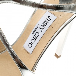 Pre Owned Jimmy Choo Metallic Silver Mirror Leather Lance Strappy Sandals Size 41