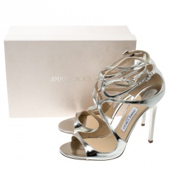 Pre Owned Jimmy Choo Metallic Silver Mirror Leather Lance Strappy Sandals Size 41