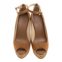 Pre Owned Jimmy Choo Beige Suede Pacific Peep Toe Ankle Strap Cork Wedge Pumps Size 36.5