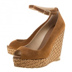 Pre Owned Jimmy Choo Beige Suede Pacific Peep Toe Ankle Strap Cork Wedge Pumps Size 36.5