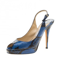 Pre Owned Jimmy Choo Blue Printed Python Leather Peep Toe Slingback Sandals Size 37.5