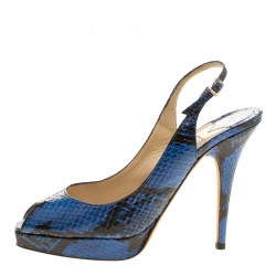 Pre Owned Jimmy Choo Blue Printed Python Leather Peep Toe Slingback Sandals Size 37.5