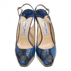 Pre Owned Jimmy Choo Blue Printed Python Leather Peep Toe Slingback Sandals Size 37.5