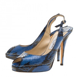 Pre Owned Jimmy Choo Blue Printed Python Leather Peep Toe Slingback Sandals Size 37.5
