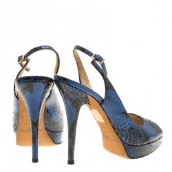 Pre Owned Jimmy Choo Blue Printed Python Leather Peep Toe Slingback Sandals Size 37.5