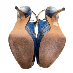 Pre Owned Jimmy Choo Blue Printed Python Leather Peep Toe Slingback Sandals Size 37.5
