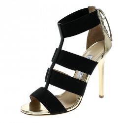 Pre Owned Jimmy Choo Black/Gold Elastic Strap and Leather Dulsa Lace Back Sandals Size 40