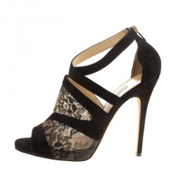 Pre Owned Jimmy Choo Black Lace and Suede Vantage Cross Strap Peep Toe Sandals Size 41