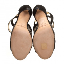 Pre Owned Jimmy Choo Black Lace and Suede Vantage Cross Strap Peep Toe Sandals Size 41