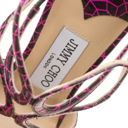 مملوكة مسبقًا صندل جيمي تشو لانس بسيور منقوشة جلد لامع أسود ووردي مقاس 35.5