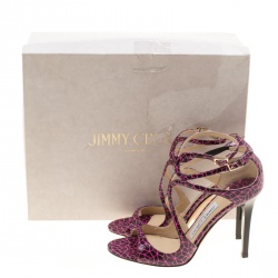 مملوكة مسبقًا صندل جيمي تشو لانس بسيور منقوشة جلد لامع أسود ووردي مقاس 35.5