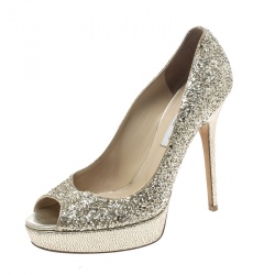 Pre Owned Jimmy Choo Metallic Gold Coarse Glitter Crown Peep Toe Platform Pumps Size 39
