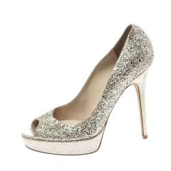 Pre Owned Jimmy Choo Metallic Gold Coarse Glitter Crown Peep Toe Platform Pumps Size 39