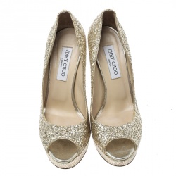 Pre Owned Jimmy Choo Metallic Gold Coarse Glitter Crown Peep Toe Platform Pumps Size 39