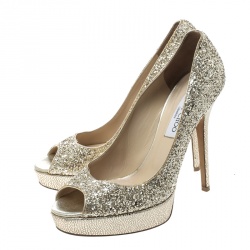 Pre Owned Jimmy Choo Metallic Gold Coarse Glitter Crown Peep Toe Platform Pumps Size 39