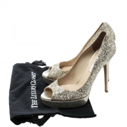 Pre Owned Jimmy Choo Metallic Gold Coarse Glitter Crown Peep Toe Platform Pumps Size 39