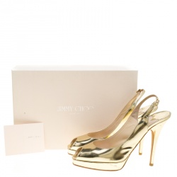 Pre Owned Jimmy Choo Metallic Gold Leather Clue Peep Toe Slingback Sandals Size 39