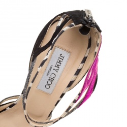 Pre Owned Jimmy Choo Black Suede and Lamè Glitter Fabric Zebra Mix Ankle Strap Sandals Size 39