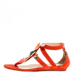 Pre Owned Jimmy Choo Orange Suede Agave Crystal Embellished T Strap Flat Sandals Size 39