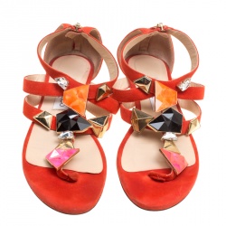 Pre Owned Jimmy Choo Orange Suede Agave Crystal Embellished T Strap Flat Sandals Size 39