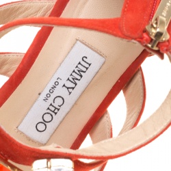 Pre Owned Jimmy Choo Orange Suede Agave Crystal Embellished T Strap Flat Sandals Size 39