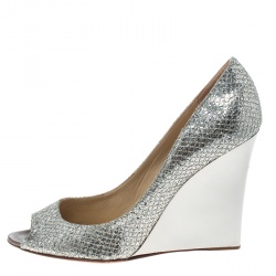 Pre Owned Jimmy Choo Silver Glitter Baxen Peep Toe Wedge Pumps Size 40