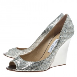Pre Owned Jimmy Choo Silver Glitter Baxen Peep Toe Wedge Pumps Size 40