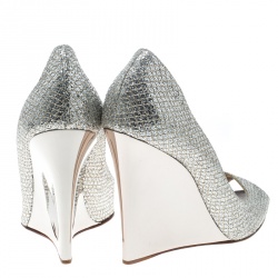 Pre Owned Jimmy Choo Silver Glitter Baxen Peep Toe Wedge Pumps Size 40