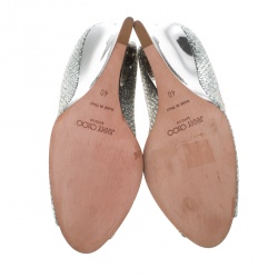 Pre Owned Jimmy Choo Silver Glitter Baxen Peep Toe Wedge Pumps Size 40
