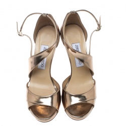 Pre Owned Jimmy Choo Gold Leather Cross Strap Platfrom Sandals Size 37