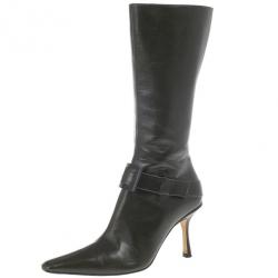 Pre Owned Jimmy Choo Dark Green Leather Pointed Toe Knee Boots Size 37.5