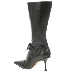 Pre Owned Jimmy Choo Dark Green Leather Pointed Toe Knee Boots Size 37.5