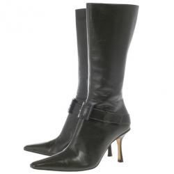 Pre Owned Jimmy Choo Dark Green Leather Pointed Toe Knee Boots Size 37.5