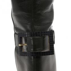 Pre Owned Jimmy Choo Dark Green Leather Pointed Toe Knee Boots Size 37.5