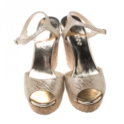 Pre Owned Jimmy Choo Metallic Beige Snake Embossed Leather Perla Cork Wedge Ankle Strap Sandals Size 39