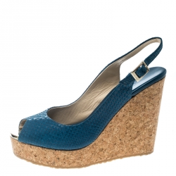 Pre Owned Jimmy Choo Blue Snake Embossed Leather Prova Slingback Cork Wedge Sandals Size 37.5