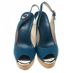 Pre Owned Jimmy Choo Blue Snake Embossed Leather Prova Slingback Cork Wedge Sandals Size 37.5