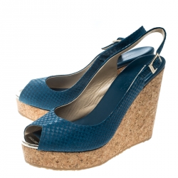 Pre Owned Jimmy Choo Blue Snake Embossed Leather Prova Slingback Cork Wedge Sandals Size 37.5