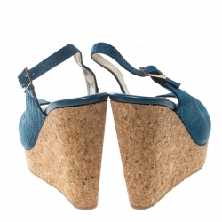 Pre Owned Jimmy Choo Blue Snake Embossed Leather Prova Slingback Cork Wedge Sandals Size 37.5