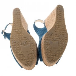 Pre Owned Jimmy Choo Blue Snake Embossed Leather Prova Slingback Cork Wedge Sandals Size 37.5