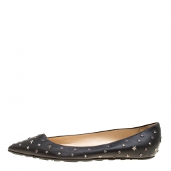 Pre Owned Jimmy Choo Black Leather Crystal Star Studded Pointed Toe Ballet Flats Size 41