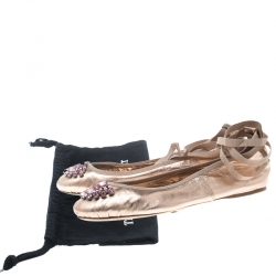 Pre Owned Jimmy Choo Metallic Rose Leather Grace Crystal Embellished Ankle Wrap Ballet Flats Size 40