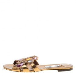 مملوكة مسبقًا حذاء سلايدز جيمي تشو فلات ليزا PVC متعدد الألوان وجلد برونزي ميتالك مقاس 41