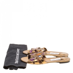 مملوكة مسبقًا حذاء سلايدز جيمي تشو فلات ليزا PVC متعدد الألوان وجلد برونزي ميتالك مقاس 41