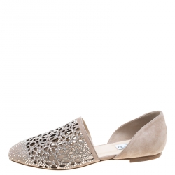 Pre Owned Jimmy Choo Beige Laser Cut Suede Globe Crystal Embellished D'orsay Flats Size 37.5