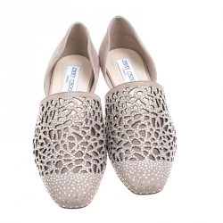 Pre Owned Jimmy Choo Beige Laser Cut Suede Globe Crystal Embellished D'orsay Flats Size 37.5